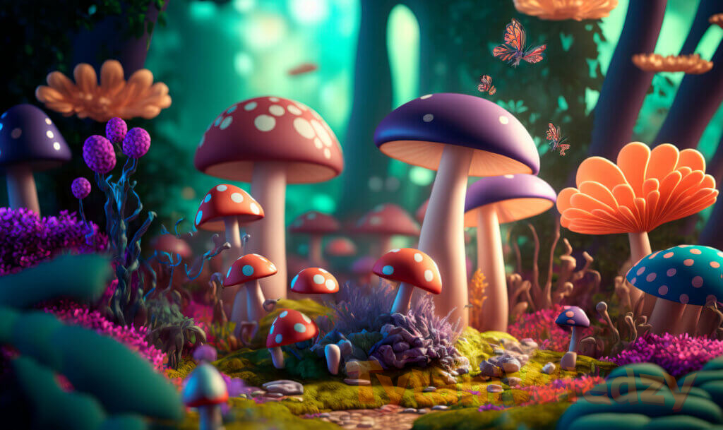 Fantastyczny las z kolorowymi grzybkami