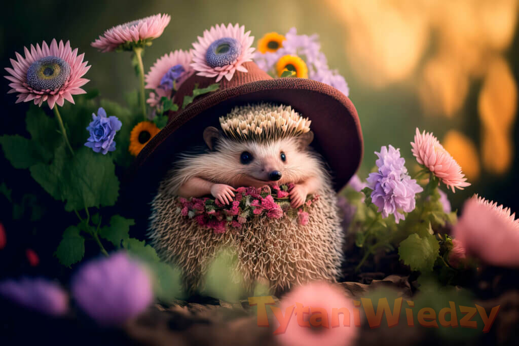 Jeż w kapeluszu wśród kwiatów