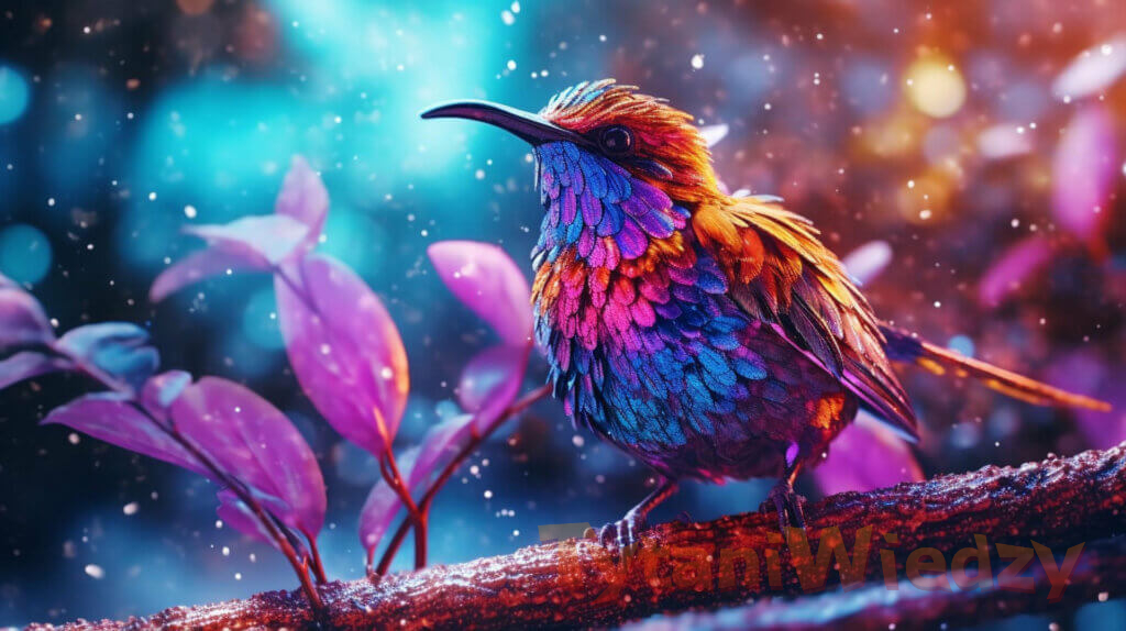 Kolorowy ptak w fantastycznej krainie