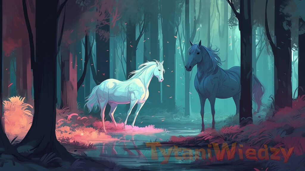 Magiczny las z białymi końmi ilustracja
