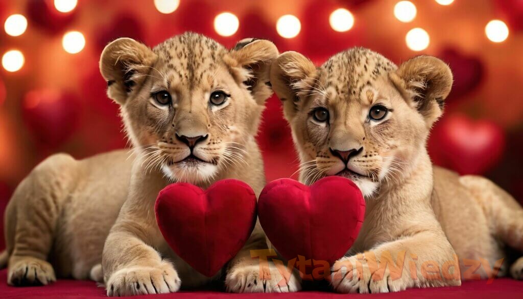 Dwa małe lwiątka z serduszkami na Walentynki