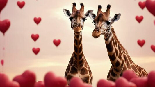 Dwie żyrafy na tle serduszek na Walentynki