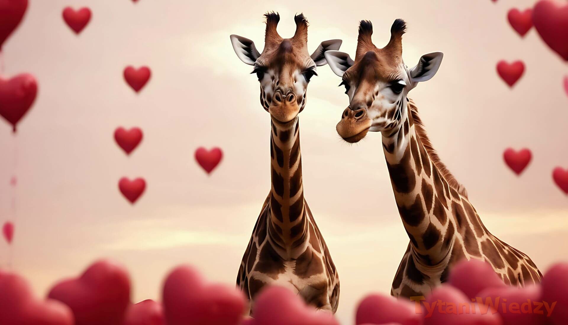 Dwie żyrafy na tle serduszek na Walentynki