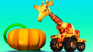 Animacars – święto dziękczynienia: żyrafa dźwig i dynia – kreskówki z pojazdami i zwierzakami