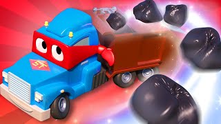 Bajki o pojazdach dla dzieci – super ciężarówka jest super śmieciarką i pomaga garemu śmieciarce