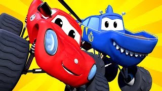 Bajki o samochodach dla dzieci – marty rekin monster truck rozbił się w górach! – miasto samochodów