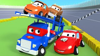 Carl super ciężarówka – przewoźnik samochodów – mieście samochodów  bajki dla dzieci