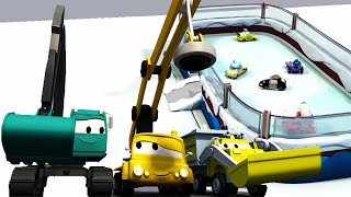 Ekipa budowlańców – lodowisko – miasto samochodówdów bajki samochodowe dla dzieci