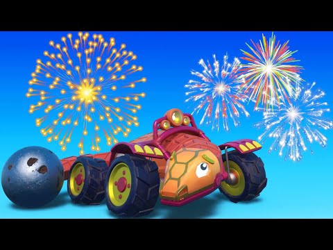 Jaszczurka auto do burzenia nie lubi fajerwerków – kreskówki dla dzieci z pojazdami i zwierzętami