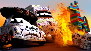 Piniata staje w ogniu podczas meksykańskiej celebracji – lokomotywa troy w mieście samochodów
